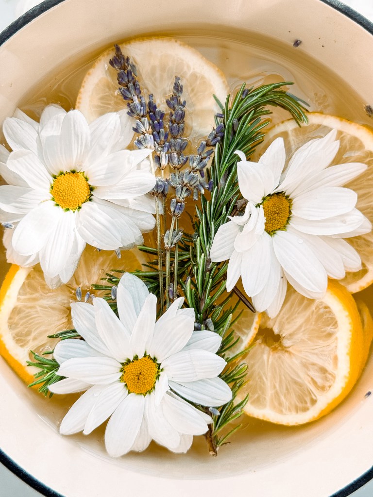 A white enamel cast iron pot filled with water, lemon slices, lavender, rosemary, and white daisies to create simmer pot potpourri.