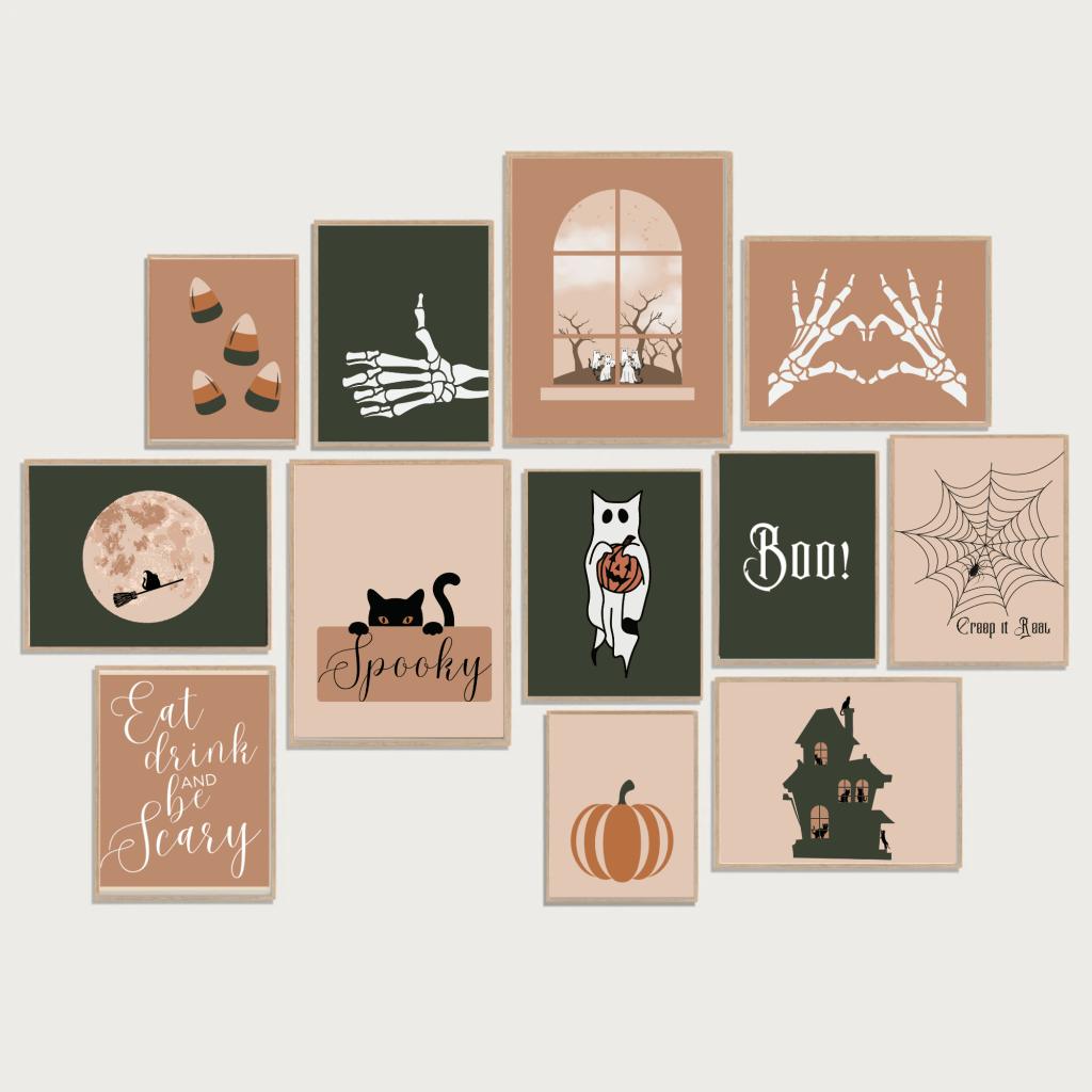 Wall gallery of framed trendy Halloween sayings and Halloween graphics in a natural color palette, including cats and skeletons