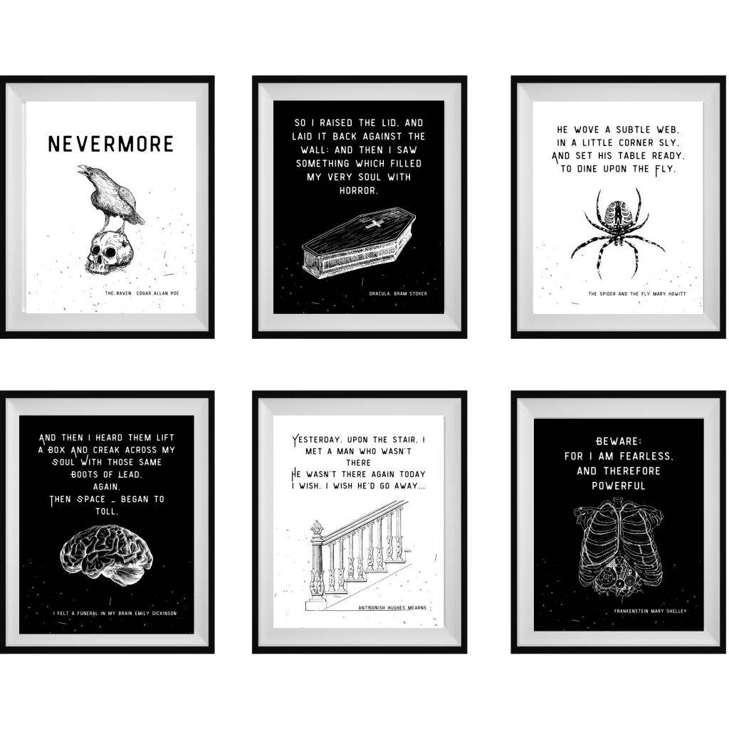 Wall gallery of framed black and white victorian style literary quotes about Halloween with victorian style drawings 