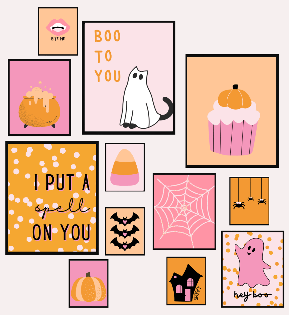 Wall gallery of framed pink and orange cute Halloween sayings and Halloween graphics