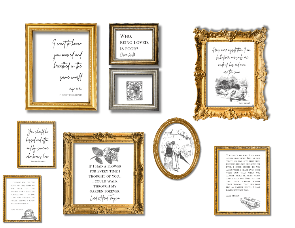 Wall gallery of framed black and white victorian style literary quotes about love and victorian style drawings 