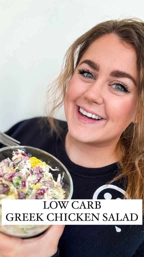 Alex, the creator of Sweetly Petite, smiling and holding a bowl of Chicken Greek Yogurt Salad